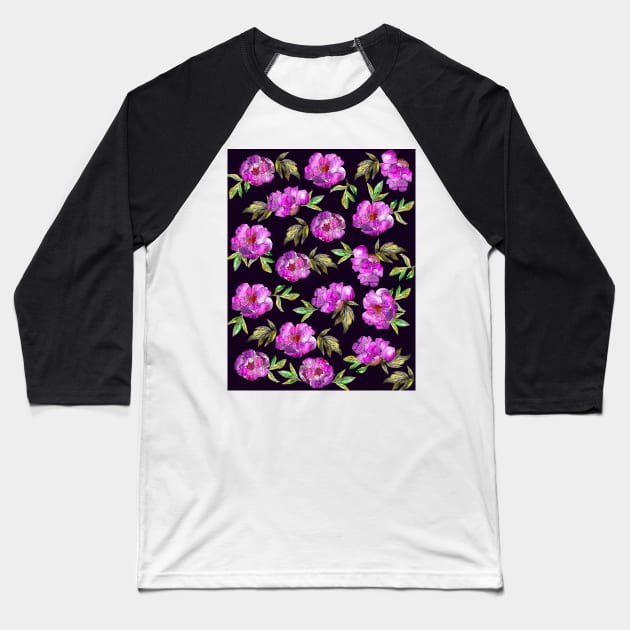 Peonies Flowers Watercolor Ink Cute dark purple Baseball T-Shirt by ArtInPi